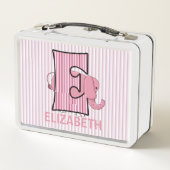 ピンク象の手紙E女の子のストライプの動物 メタルランチボックス (裏面)
