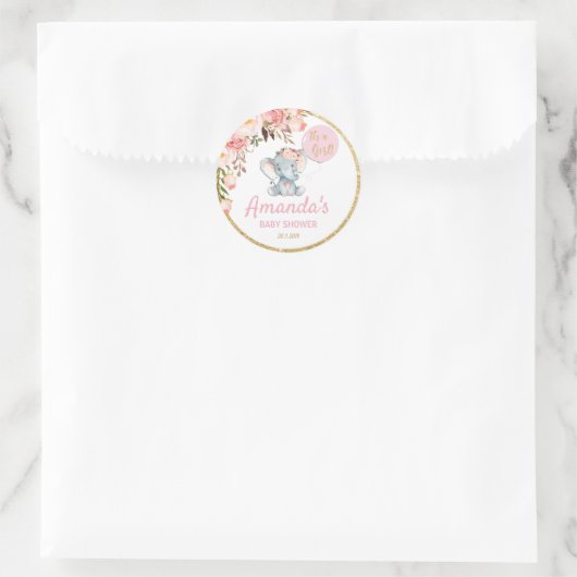 ピンク象の赤ちゃんシャワーありがとうステッカーラベル ラウンドシール (バッグ)