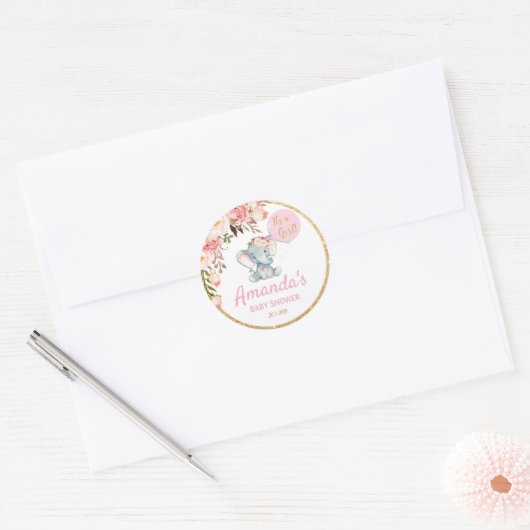 ピンク象の赤ちゃんシャワーありがとうステッカーラベル ラウンドシール (封筒)