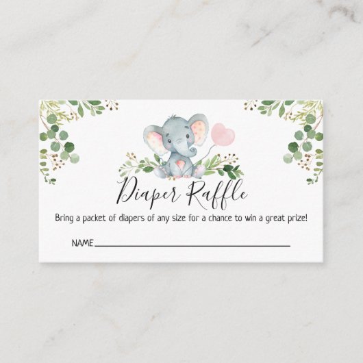 ピンク象の赤ちゃんシャワーおむつラッフル エンクロージャーカード (正面)