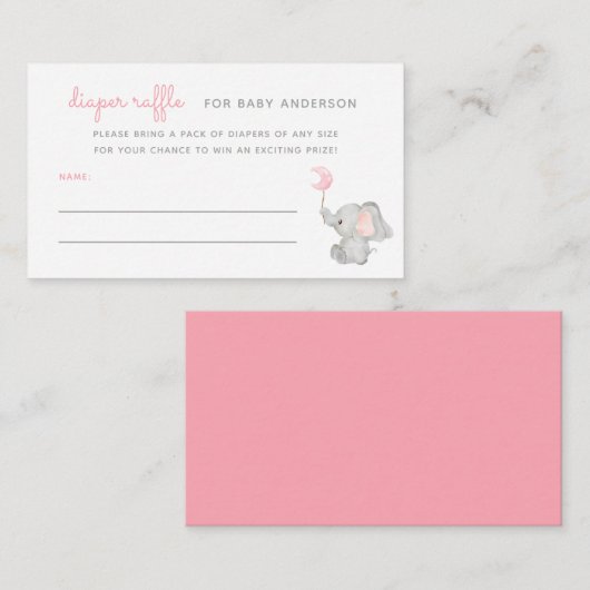 ピンク象の赤ちゃんシャワーおむつラッフル エンクロージャーカード (正面/裏面)