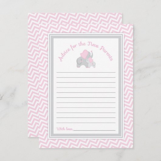 ピンク象の赤ちゃんシャワーアドバイス新父母 アドバイスカード (正面/裏面)
