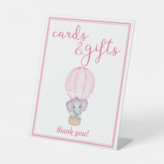 ピンク象の赤ちゃんシャワーカードとギフト 台座サイン (正面)