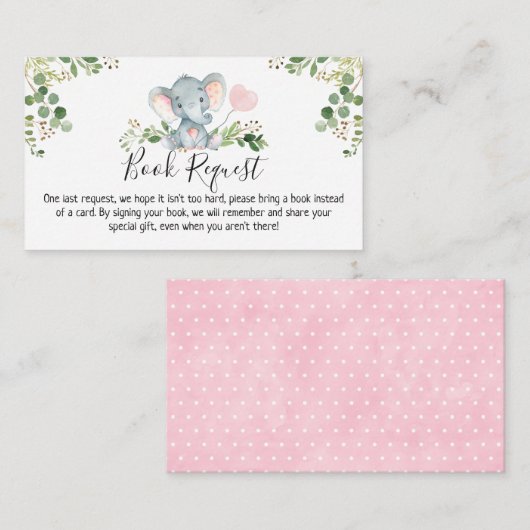 ピンク象の赤ちゃんシャワーブックリクエスト エンクロージャーカード (正面/裏面)