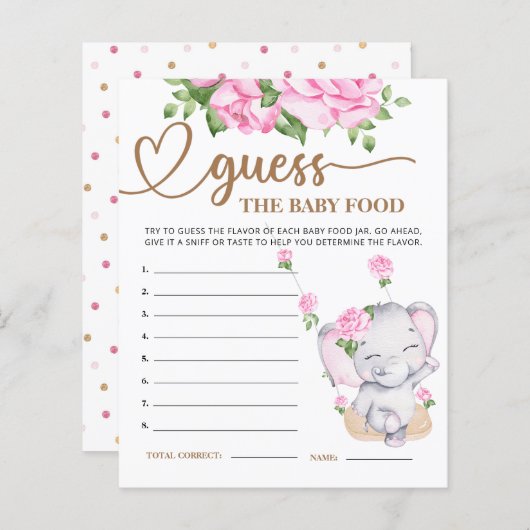 ピンク象の赤ちゃんシャワー推測ベビーフードカード (正面/裏面)