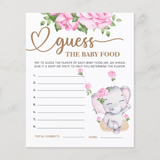 ピンク象の赤ちゃんシャワー推測ベビーフードカード (正面)