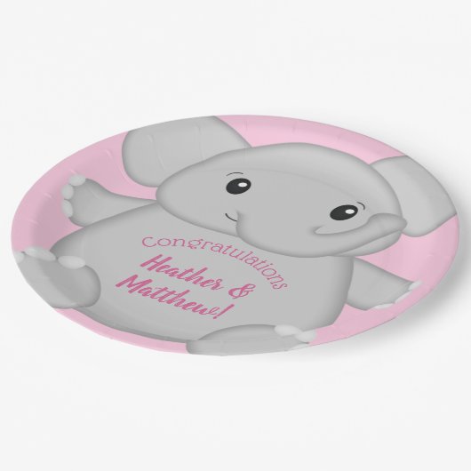 ピンク象の赤ちゃんシャワー ペーパープレート (アングル)