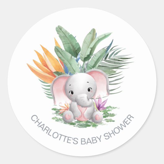 ピンク象の赤ちゃんシャワー ラウンドシール (正面)