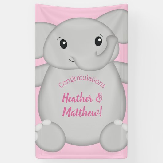 ピンク象の赤ちゃんシャワー 横断幕 (縦)