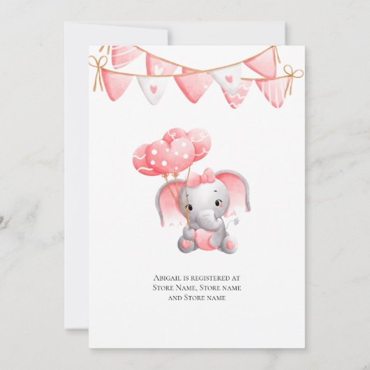 ピンク象の風船ベビーシャワー 招待状 (裏面)