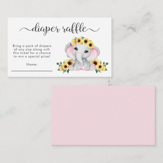 ピンク象ひまわり花おむつラッフルベビーシャワー エンクロージャーカード (正面/裏面)