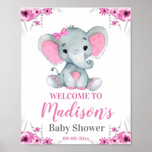 ピンク象ウェルカムサイン、女の子シャワ素朴ー ポスター (正面)