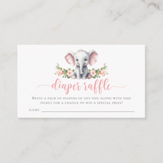 ピンク象ベビーガールシャワーおむつラッフル エンクロージャーカード (正面)