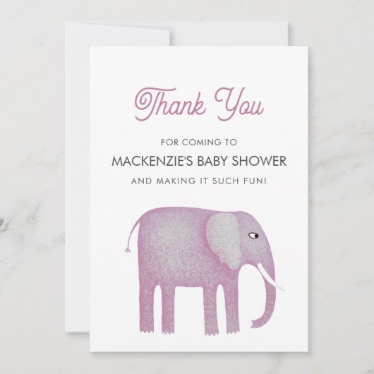 ピンク象ベビーシャワーサンキューカード 招待状 (正面)