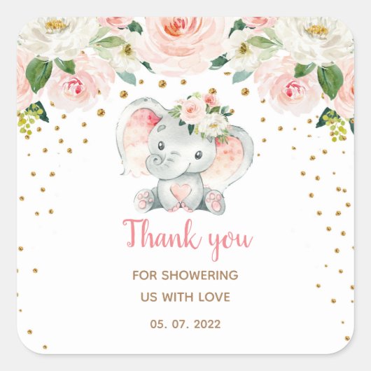 ピンク象ベビーシャワーメッセージカード スクエアシール (正面)