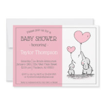 ピンク象ベビーハートバルーンシャワー招待状