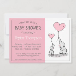 ピンク象ベビーハートバルーンシャワー招待状 招待状