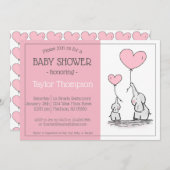 ピンク象ベビーハートバルーンシャワー招待状 招待状 (正面/裏面)