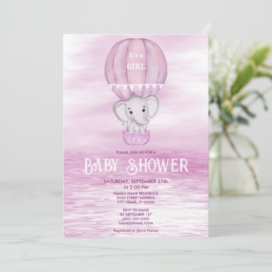 ピンク象ホットエアバルーン赤ちゃんシャワー 招待状 (スタンド正面)