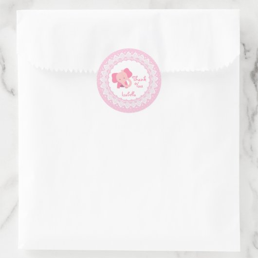 ピンク象、レース、水玉模様ありがとうステッカー ラウンドシール (バッグ)