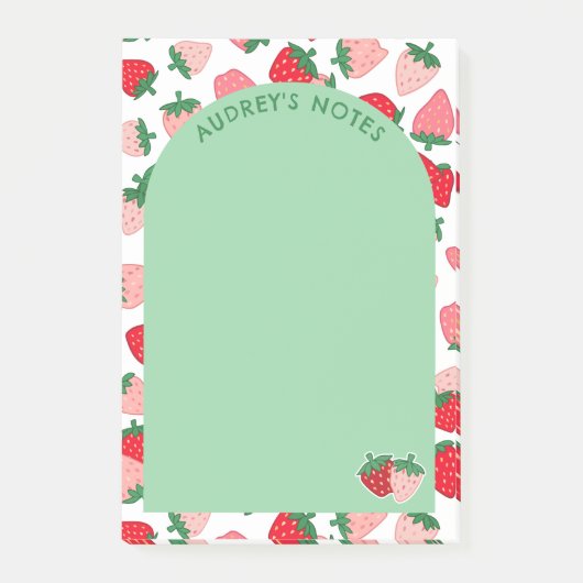 ピンク赤いちごパターングリーンアーチ名の追加 ポストイット (正面)