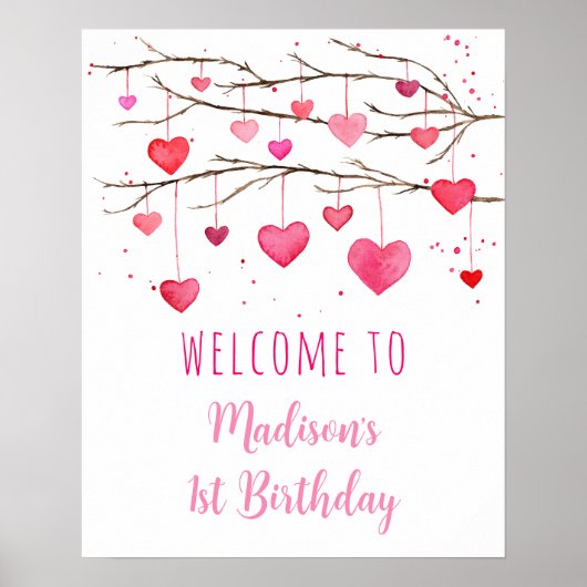ピンク赤いハートスウィートアート誕生日へようこそ ポスター (正面)