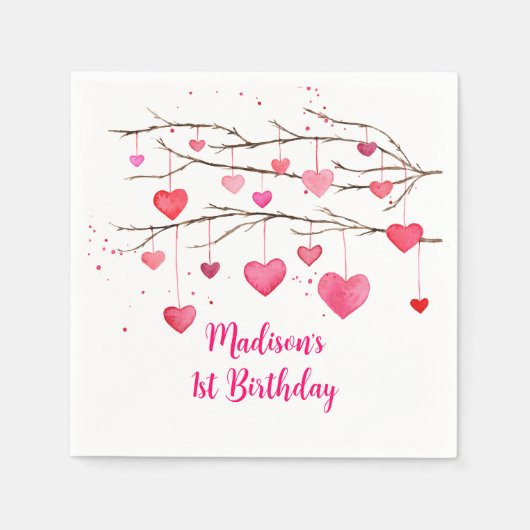 ピンク赤いハートスウィートアート誕生日 スタンダードカクテルナプキン (正面)