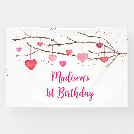 ピンク赤いハートスウィートアート誕生日 横断幕 (横)