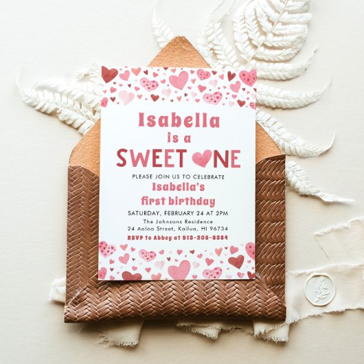 ピンク赤いハートズスイートワンバレンタインファースト誕生日 招待状