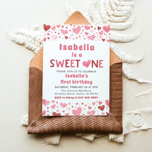 ピンク赤いハートズスイートワンバレンタインファースト誕生日 招待状