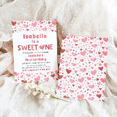 ピンク赤いハートズスイートワンバレンタインファースト誕生日 招待状