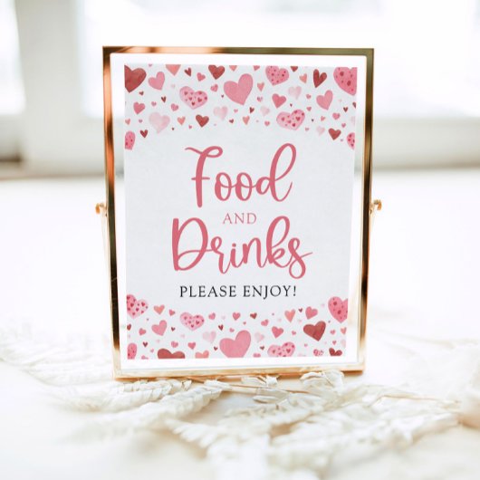 ピンク赤いハートバレンタインデーとドリンクの看板 ポスター