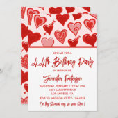 ピンク赤いハートパターシンプルン44歳の誕生日 招待状 (正面/裏面)