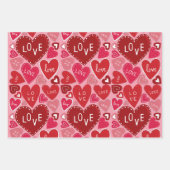 ピンク赤いハートラッピング紙フラットシートセット3 ラッピングペーパーシート (正面)