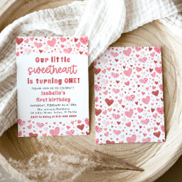 ピンク赤いハートリトルスウィートファースト誕生日 招待状