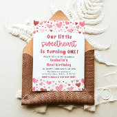 ピンク赤いハートリトルスウィートファースト誕生日 招待状