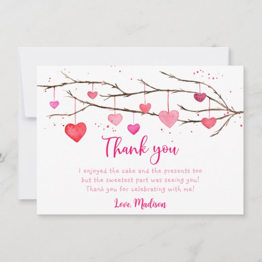 ピンク赤いハート誕生日 サンキューカード (正面)