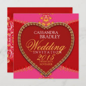 ピンク赤いハート金ゴールドレース結婚式招待状 招待状 (正面/裏面)