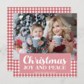 ピンク赤い白いギンガムクリスマス写真ジョイ平和 シーズンカード (正面/裏面)
