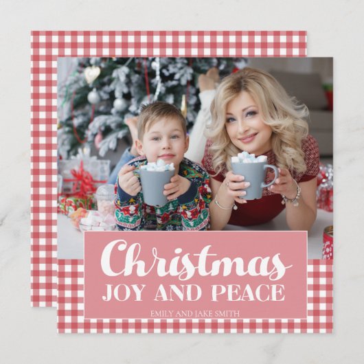 ピンク赤い白いギンガムクリスマス写真ジョイ平和 シーズンカード (正面/裏面)