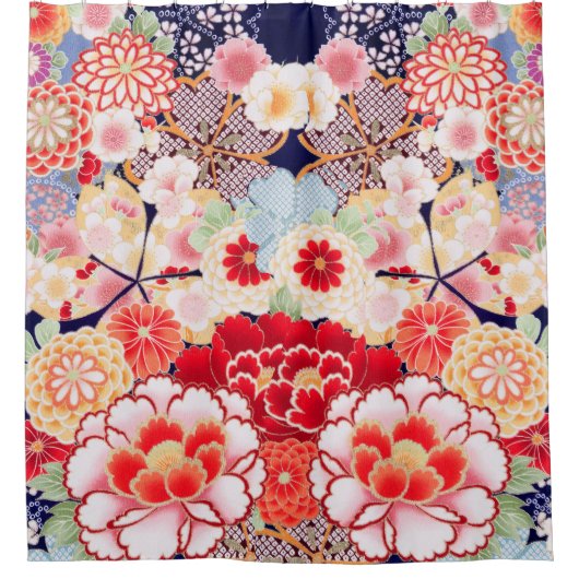 ピンク赤い白い花牡丹、バラ日本のフローラ シャワーカーテン (正面)