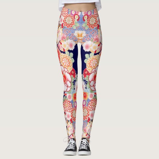 ピンク赤い白い花牡丹、バラ日本のフローラ レギンス (正面)