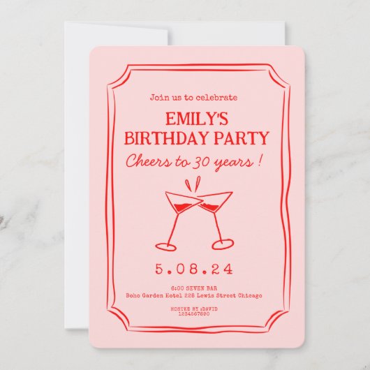 ピンク赤お洒落応援30歳の誕生日 招待状 (正面)