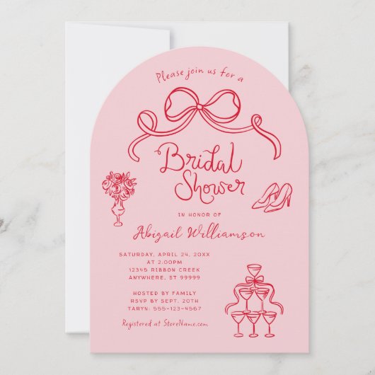 ピンク赤お洒落手描きブライダルシャワー 招待状 (正面)