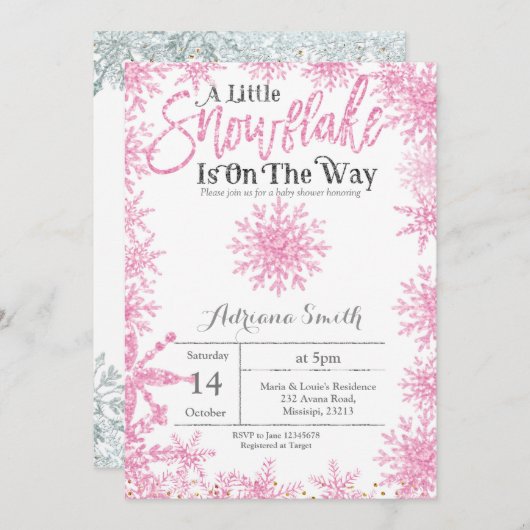 ピンク赤ちゃんのシャワーの途中に小さな雪片が出ている 招待状 (正面/裏面)