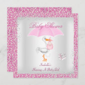 ピンク赤ちゃんシャワーガールアンブレラヒョウ 招待状 (正面/裏面)