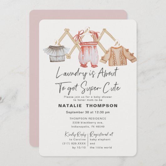 ピンク赤ちゃん服ランドリーかわいい赤ちゃんシャワー 招待状 (正面/裏面)