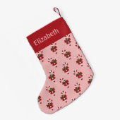 ピンク赤と白にクリスマスキャンディーケーンパターン スモールクリスマスストッキング (裏面 (吊り時))