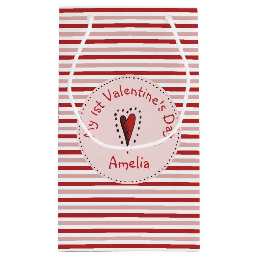 ピンク赤と白ストライプのバビーズファーストバレンタイン スモールペーパーバッグ (裏面)