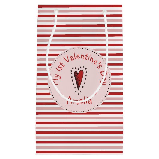 ピンク赤と白ストライプのバビーズファーストバレンタイン スモールペーパーバッグ (正面)